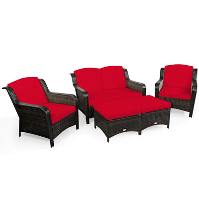 5PCS Patio Rattan Sofa Set with Cushion and Ottoman