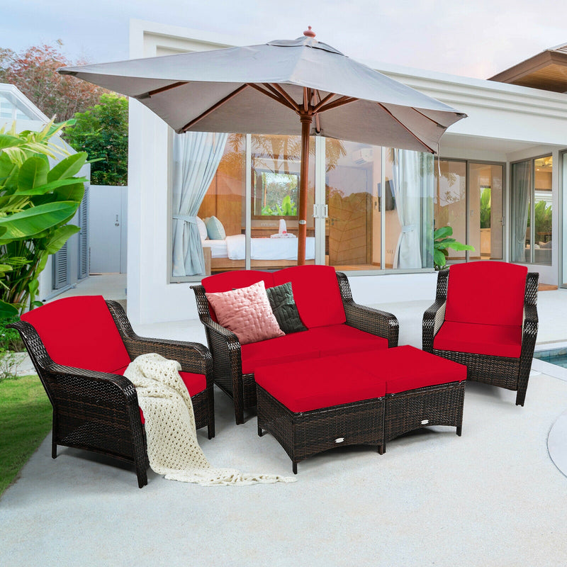 5PCS Patio Rattan Sofa Set with Cushion and Ottoman