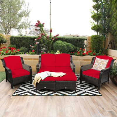 5PCS Patio Rattan Sofa Set with Cushion and Ottoman