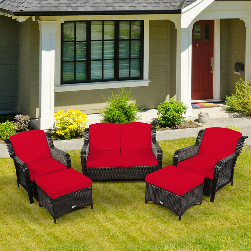 5PCS Patio Rattan Sofa Set with Cushion and Ottoman