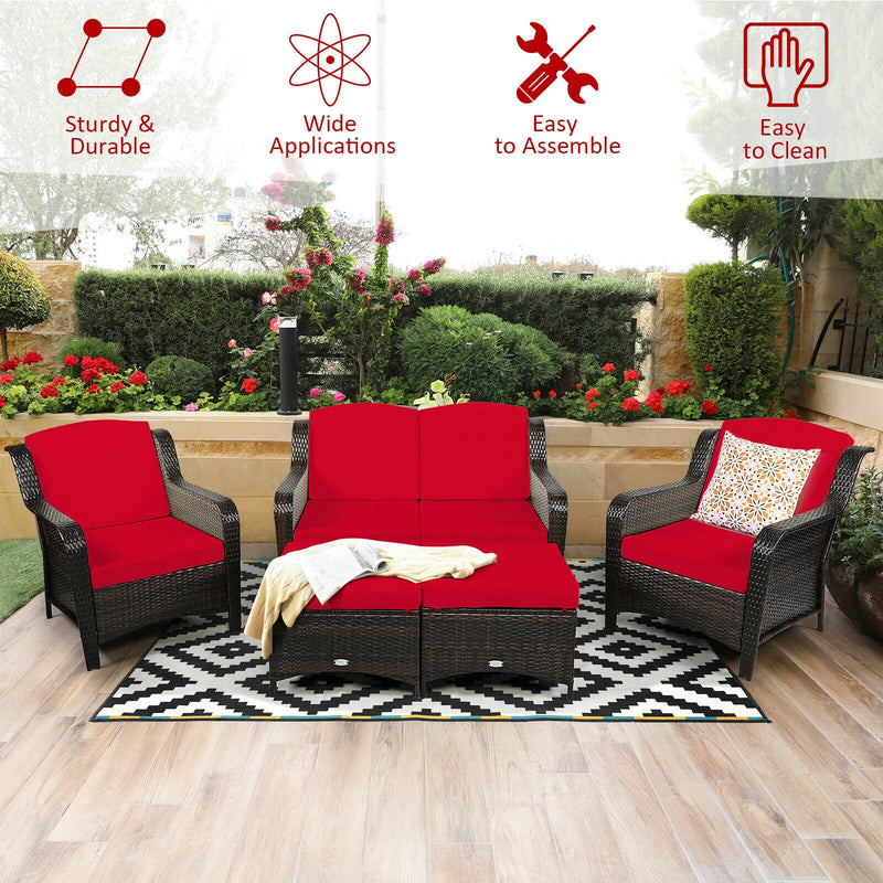 5PCS Patio Rattan Sofa Set with Cushion and Ottoman