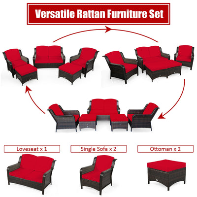 5PCS Patio Rattan Sofa Set with Cushion and Ottoman