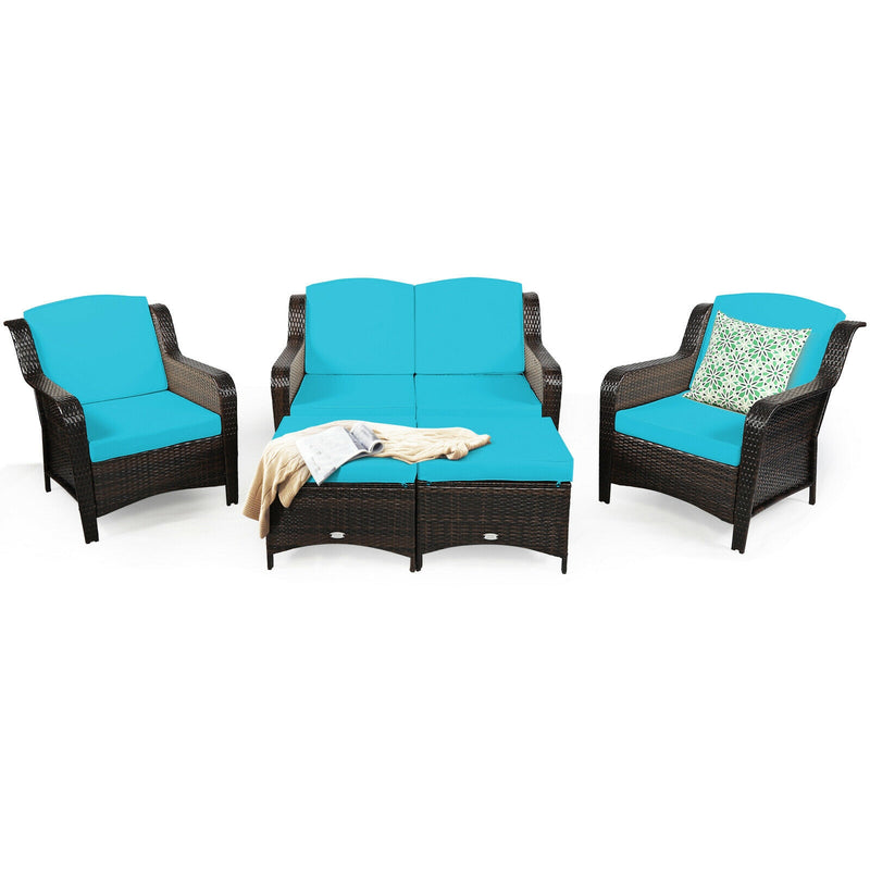 5 Pieces Patio Rattan Sofa Set with Cushion and Ottoman-Turquoise