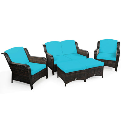 5 Pieces Patio Rattan Sofa Set with Cushion and Ottoman-Turquoise