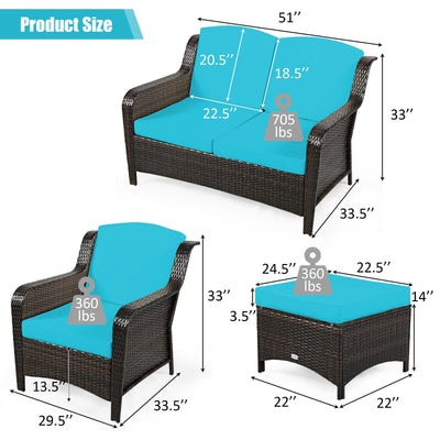 5 Pieces Patio Rattan Sofa Set with Cushion and Ottoman-Turquoise