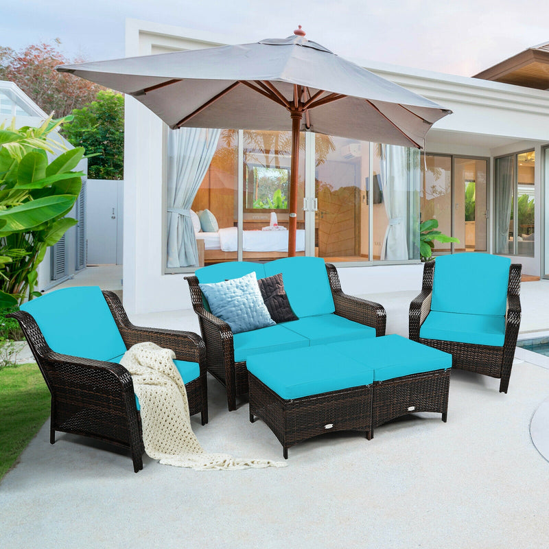 5 Pieces Patio Rattan Sofa Set with Cushion and Ottoman-Turquoise