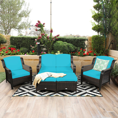 5 Pieces Patio Rattan Sofa Set with Cushion and Ottoman-Turquoise