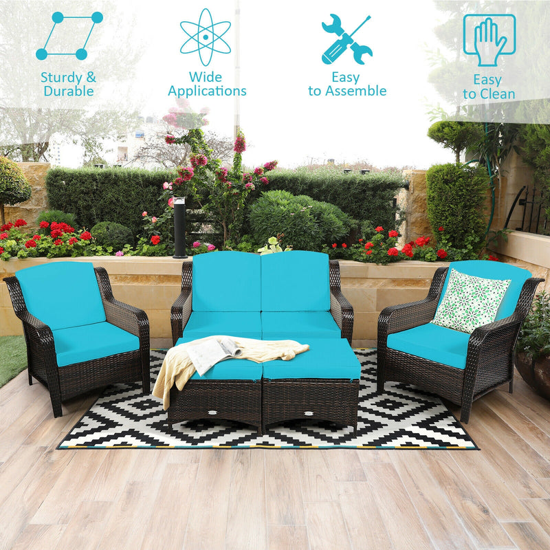 5 Pieces Patio Rattan Sofa Set with Cushion and Ottoman-Turquoise