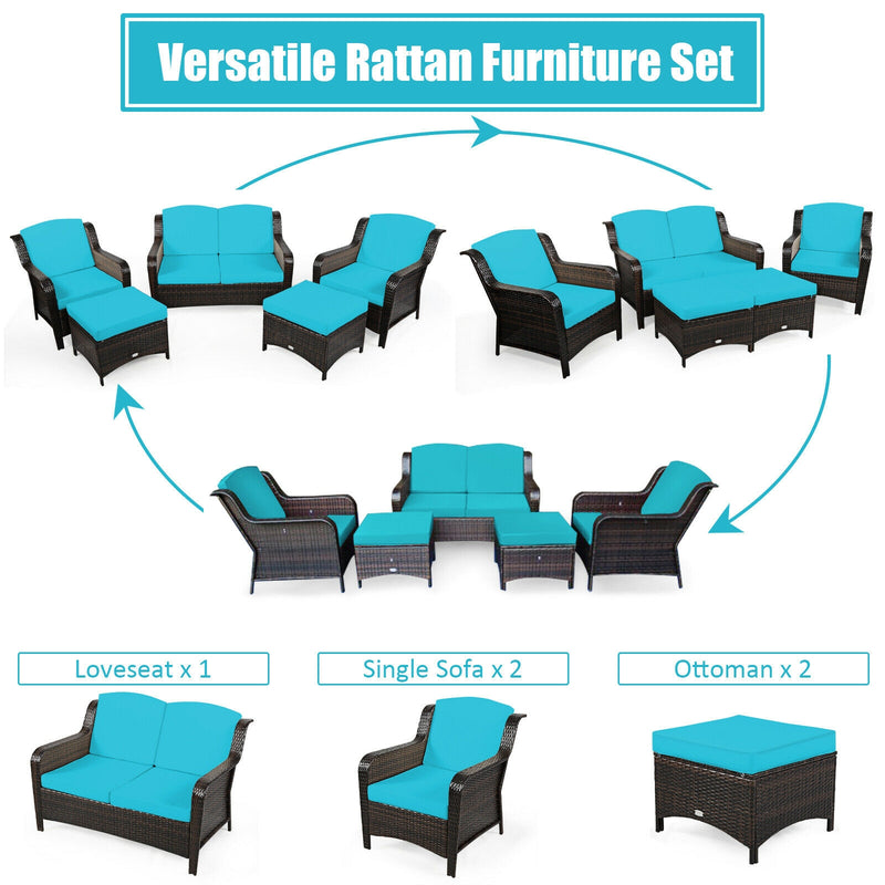 5 Pieces Patio Rattan Sofa Set with Cushion and Ottoman-Turquoise