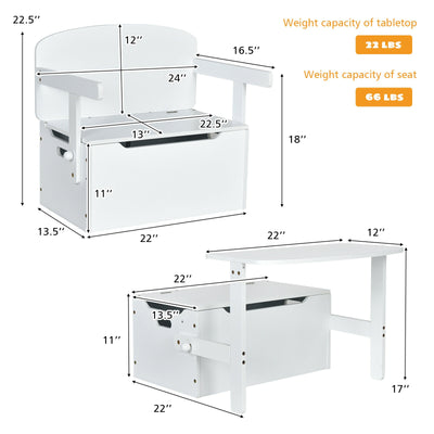 3-in-1 Kids Convertible Storage Bench Wood Activity Table and Chair Set-White