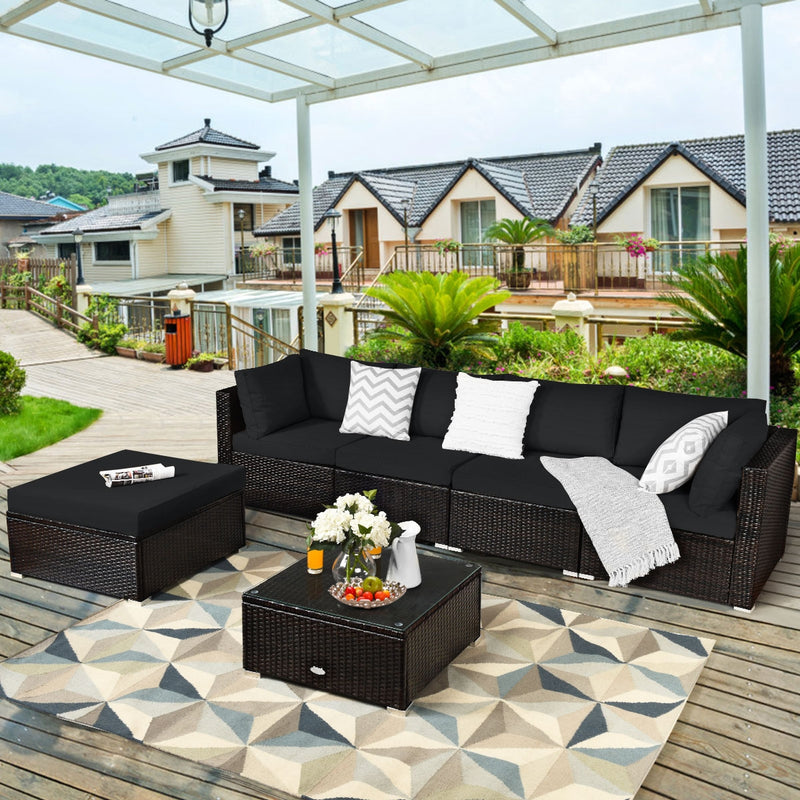 6 Pieces Outdoor Patio Rattan Furniture Set Sofa Ottoman-Dark Black