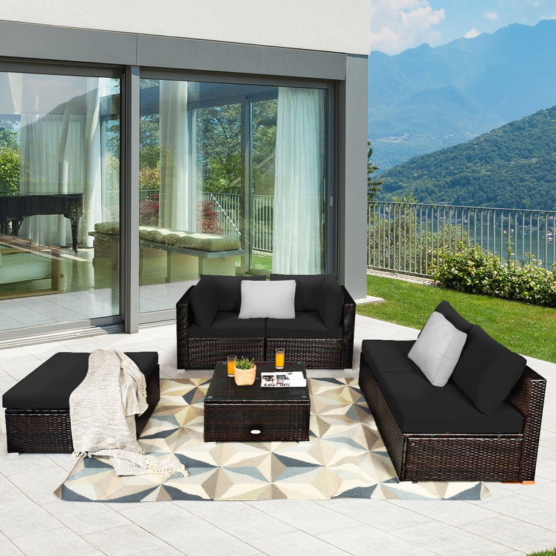 6 Pieces Outdoor Patio Rattan Furniture Set Sofa Ottoman-Dark Black