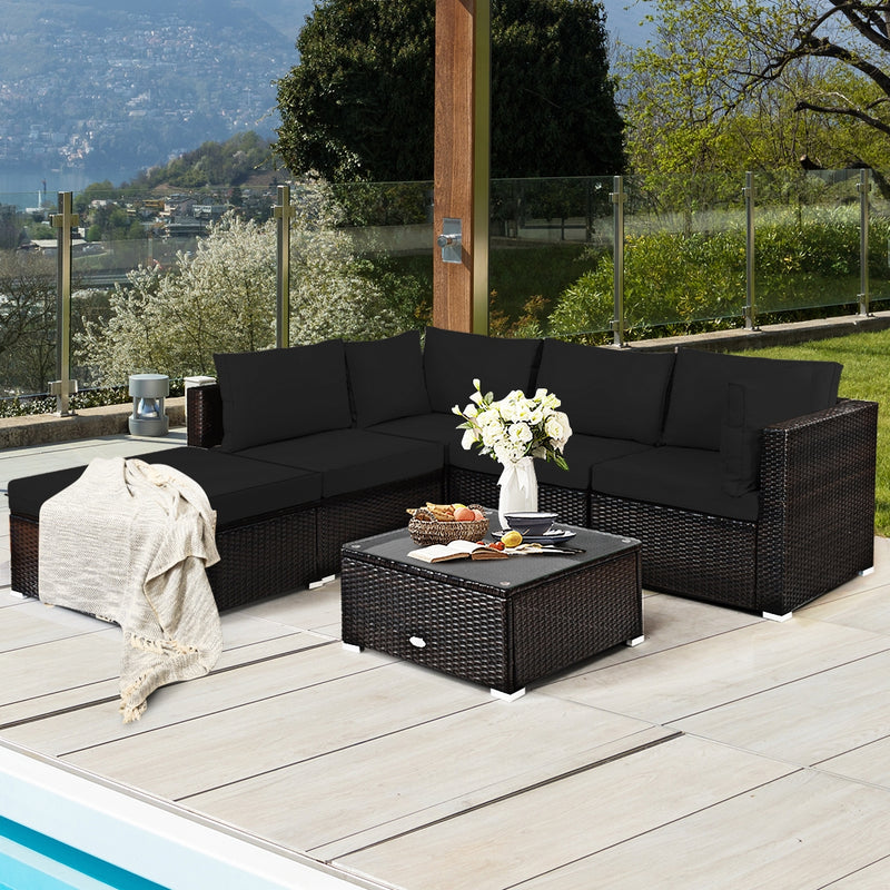 6 Pieces Outdoor Patio Rattan Furniture Set Sofa Ottoman-Dark Black