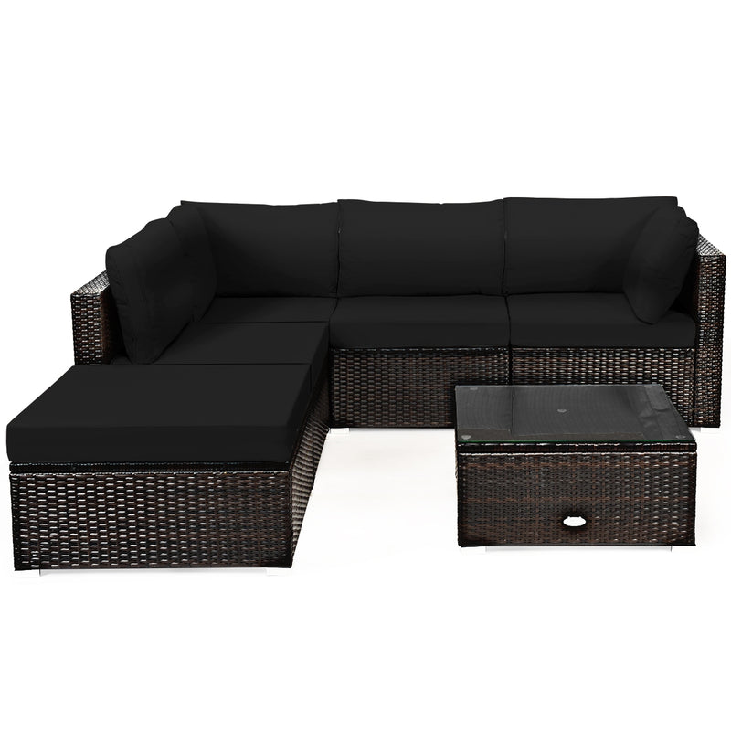 6 Pieces Outdoor Patio Rattan Furniture Set Sofa Ottoman-Dark Black