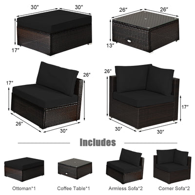 6 Pieces Outdoor Patio Rattan Furniture Set Sofa Ottoman-Dark Black