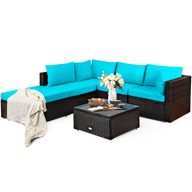 6 Pieces Outdoor Patio Rattan Furniture Set Sofa Ottoman-Turquoise