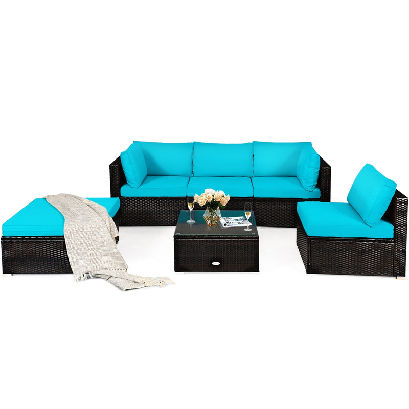 6 Pieces Outdoor Patio Rattan Furniture Set Sofa Ottoman-Turquoise