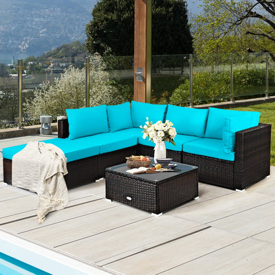 6 Pieces Outdoor Patio Rattan Furniture Set Sofa Ottoman-Turquoise