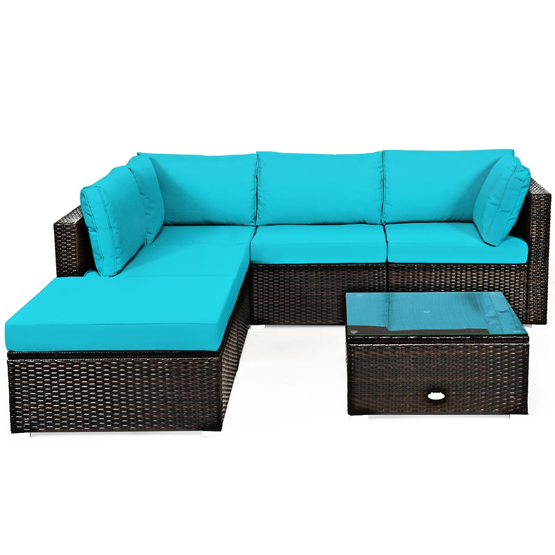 6 Pieces Outdoor Patio Rattan Furniture Set Sofa Ottoman-Turquoise