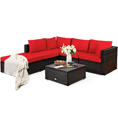 6 Pieces Outdoor Patio Rattan Furniture Set Sofa Ottoman-Red