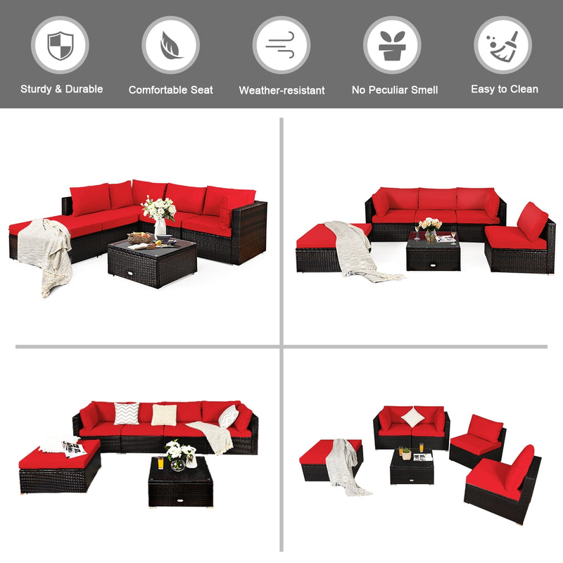 6 Pieces Outdoor Patio Rattan Furniture Set Sofa Ottoman-Red