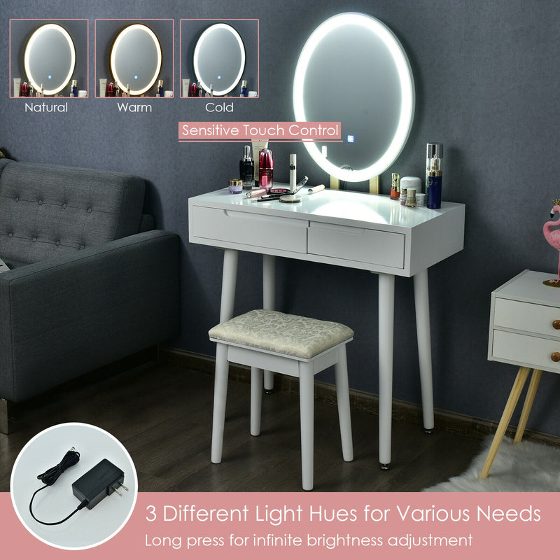 Touch Screen Vanity Makeup Table Stool Set-White