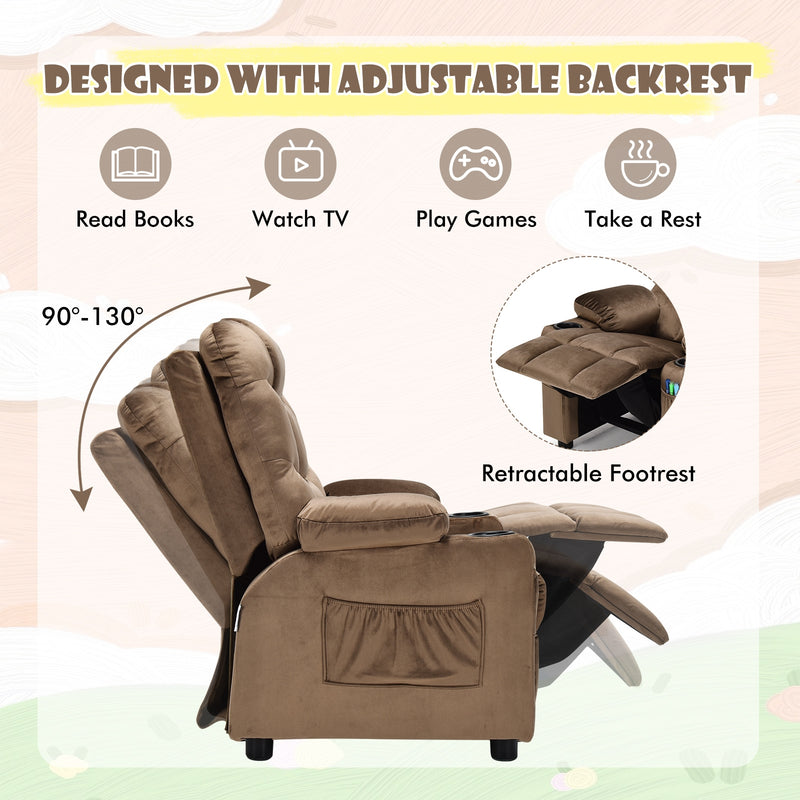 Kids Recliner Chair with Cup Holder and Footrest for Children-Light Brown