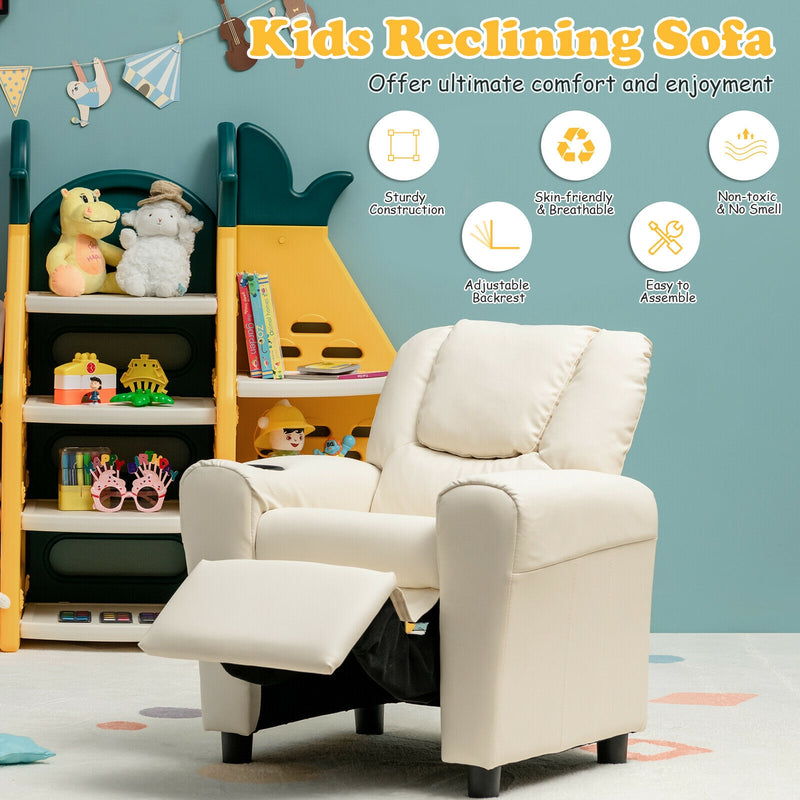 Children PU Leather Recliner Chair with Front Footrest-Beige