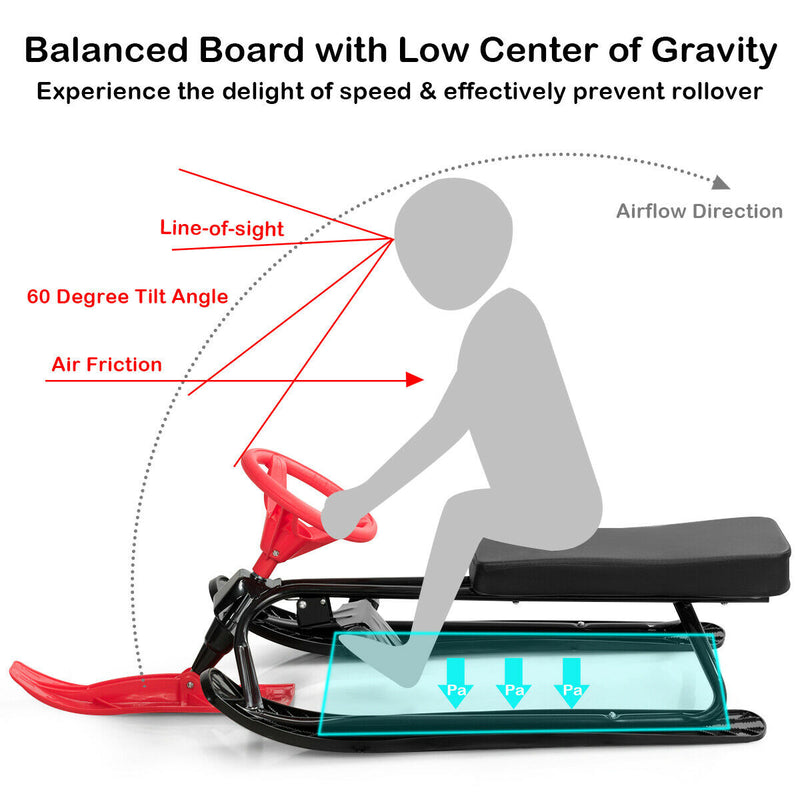 Kids Snow Sand Grass Sled w/ Steering Wheel and Brakes-Red