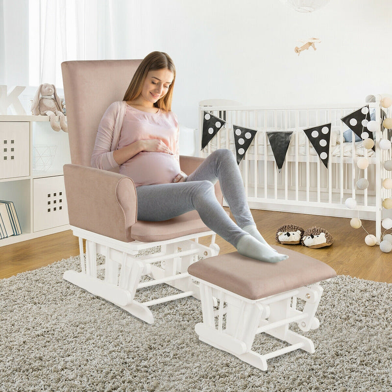 Wooden Baby Nursery Glider and Ottoman Cushion Set-Pink