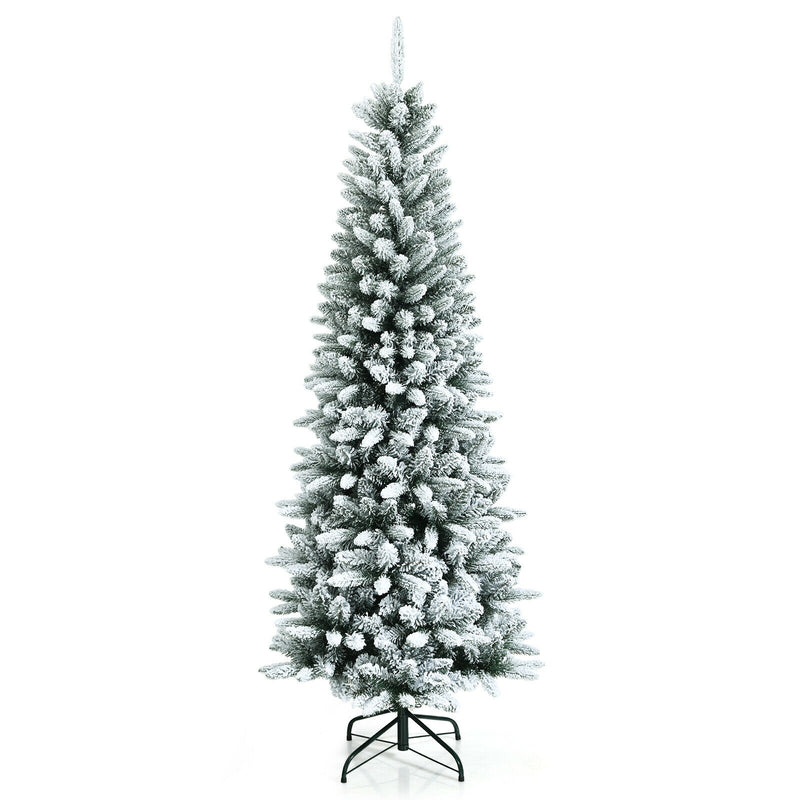 Snow-Flocked Hinged Artificial Christmas Pencil Tree with Mixed Tips-6.5 ft