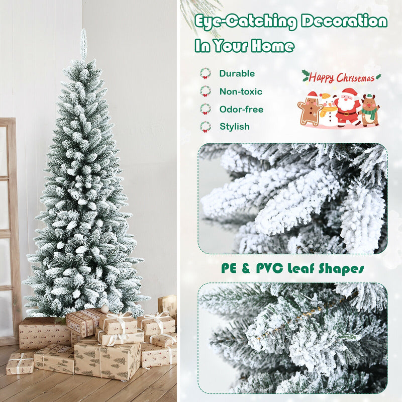 Snow-Flocked Hinged Artificial Christmas Pencil Tree with Mixed Tips-6.5 ft