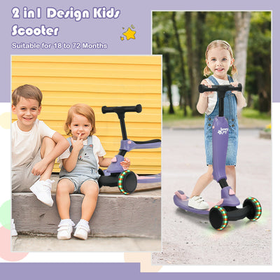 2-in-1 Kids Kick Scooter with Flash Wheels for Girls and Boys from 1.5 to 6 Years Old-Purple