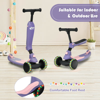 2-in-1 Kids Kick Scooter with Flash Wheels for Girls and Boys from 1.5 to 6 Years Old-Purple