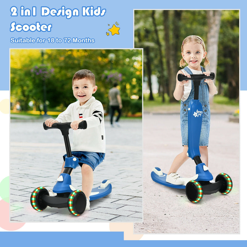 2-in-1 Kids Kick Scooter with Flash Wheels for Girls and Boys from 1.5 to 6 Years Old-Blue