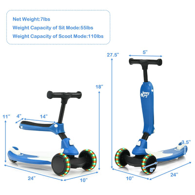 2-in-1 Kids Kick Scooter with Flash Wheels for Girls and Boys from 1.5 to 6 Years Old-Blue