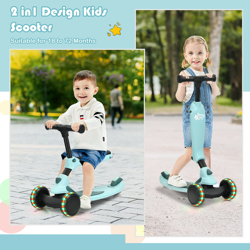 2-in-1 Kids Kick Scooter with Flash Wheels for Girls and Boys from 1.5 to 6 Years Old-Green