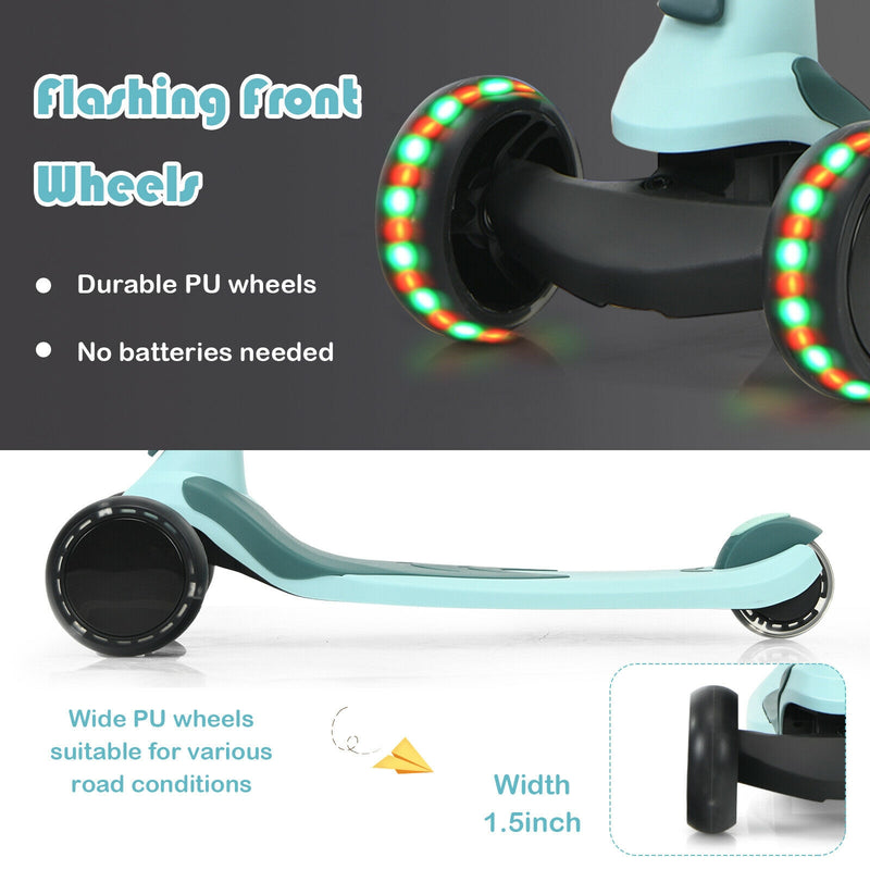 2-in-1 Kids Kick Scooter with Flash Wheels for Girls and Boys from 1.5 to 6 Years Old-Green