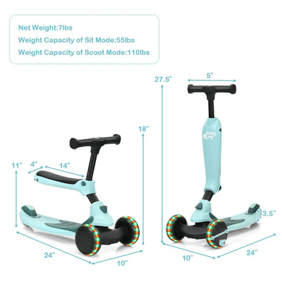 2-in-1 Kids Kick Scooter with Flash Wheels for Girls and Boys from 1.5 to 6 Years Old-Green