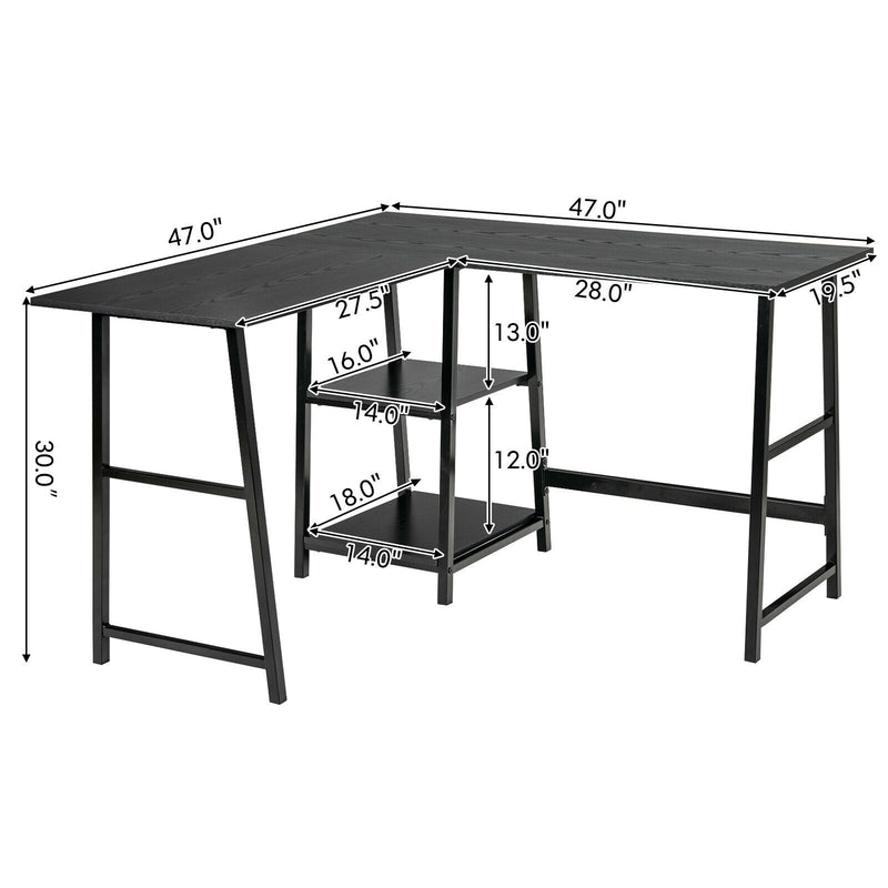 L Shaped Corner Computer Desk with Storage Shelves-Black