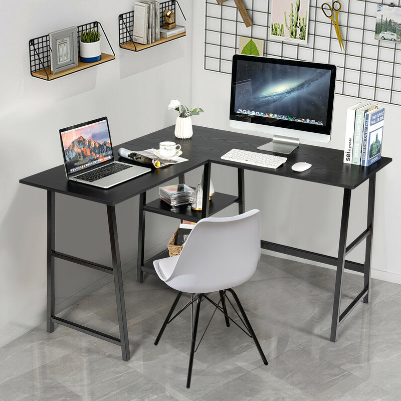 L Shaped Corner Computer Desk with Storage Shelves-Black