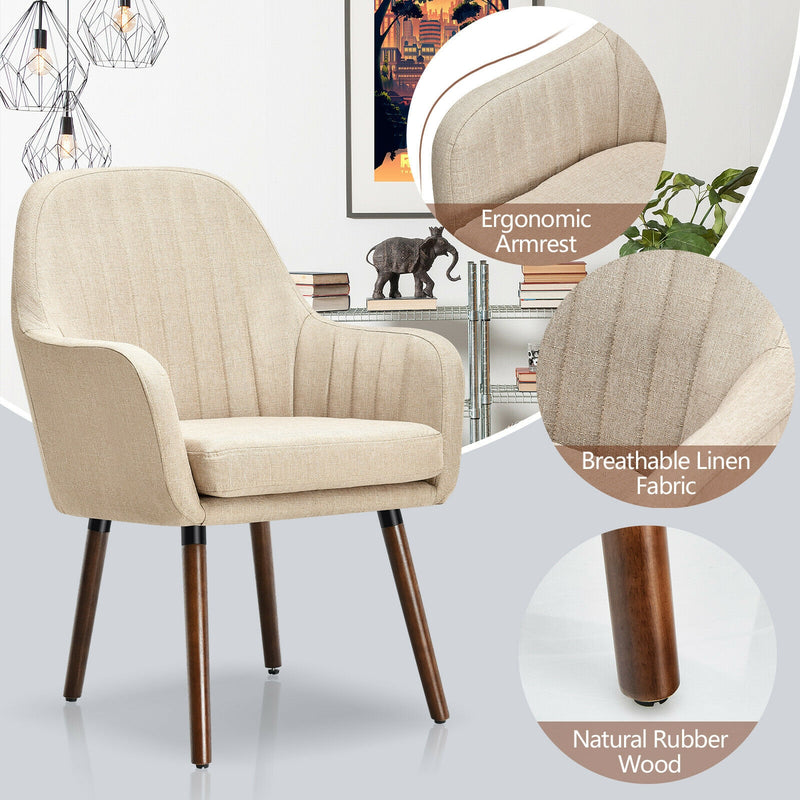 Set of 2 Fabric Upholstered Accent Chairs with Wooden Legs-Beige