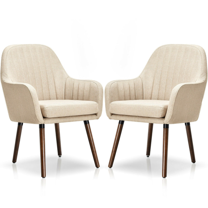 Set of 2 Fabric Upholstered Accent Chairs with Wooden Legs-Beige