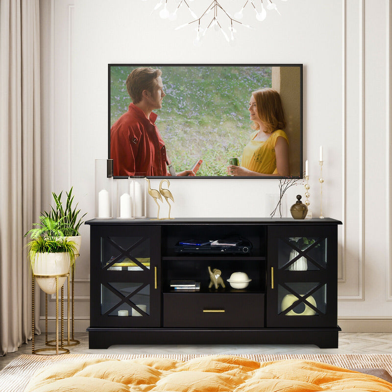 Wood TV Stand with 2 Glass Door Cabinets and 2-Tier Adjustable Shelves-Brown