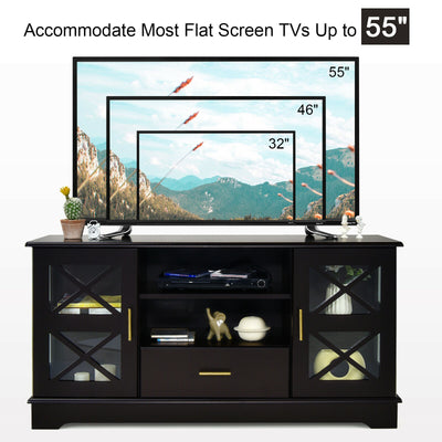 Wood TV Stand with 2 Glass Door Cabinets and 2-Tier Adjustable Shelves-Brown