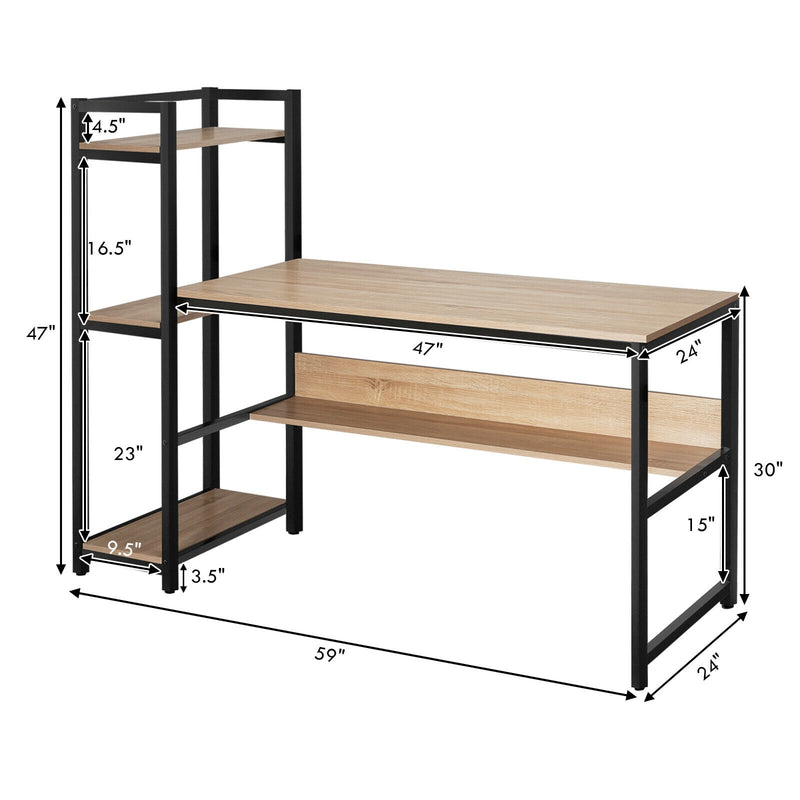 59-Inch Computer Desk Home Office Workstation 4-Tier Storage Shelves-Natural