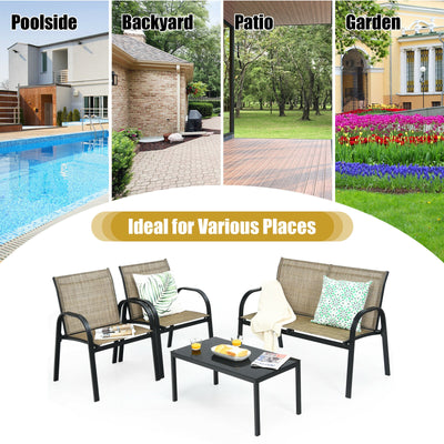 4 Pieces Patio Furniture Set with Glass Top Coffee Table-Brown