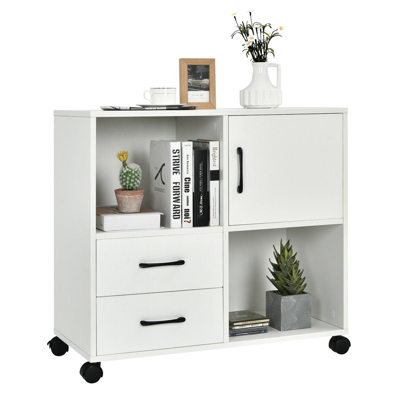 Mobile File Cabinet with Lateral Printer Stand and Storage Shelves-White