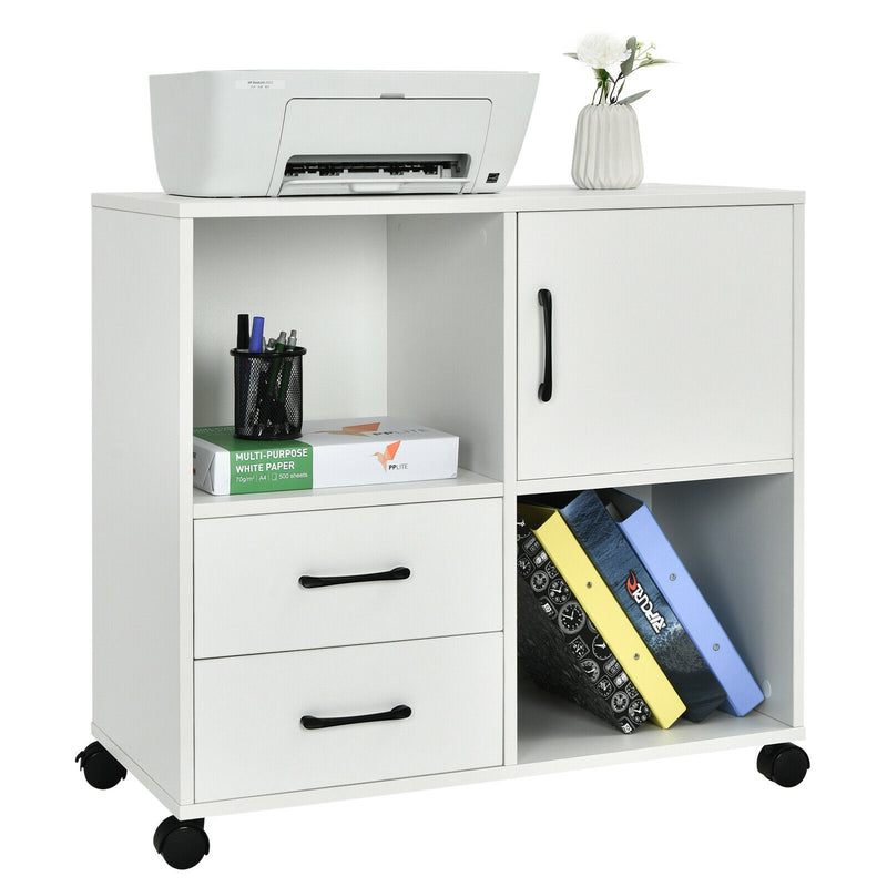 Mobile File Cabinet with Lateral Printer Stand and Storage Shelves-White