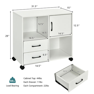 Mobile File Cabinet with Lateral Printer Stand and Storage Shelves-White